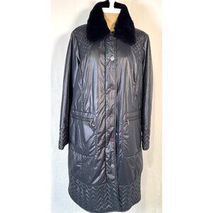 Marina Rinaldi Black Longline Quilted Jacket Coat Fur Collar Full Zip Sz XL